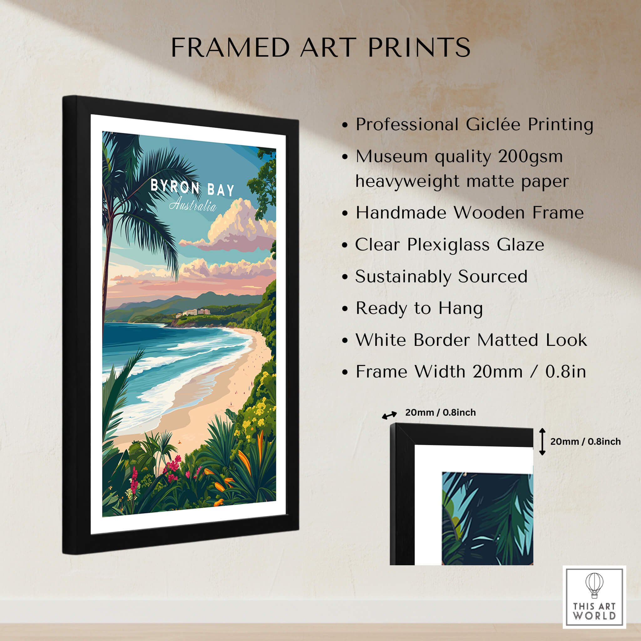 Byron Bay Australia Travel Poster framed art print showcasing coastal beauty and vibrant scenery.