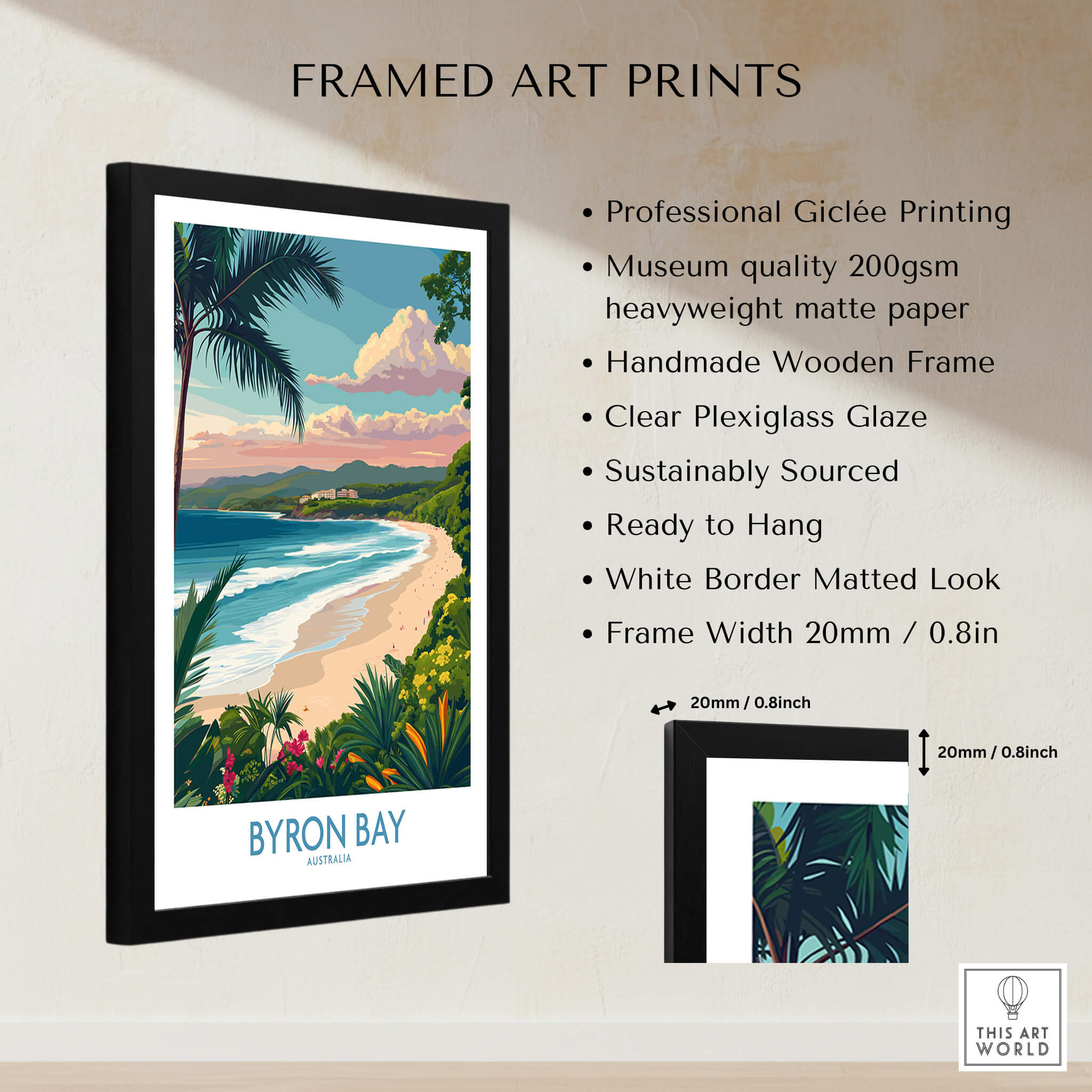 Byron Bay Poster - Australia Wall Art featuring a framed Giclée print of Byron Bay's beautiful coastline.