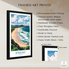 Byron Bay Wall Art Print Australia featuring a coastal scene with a lighthouse and beach in a framed art print.