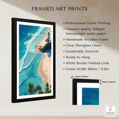 Byron Bay Art Print displayed in a stylish frame showcasing the stunning aerial view of Byron Bay.