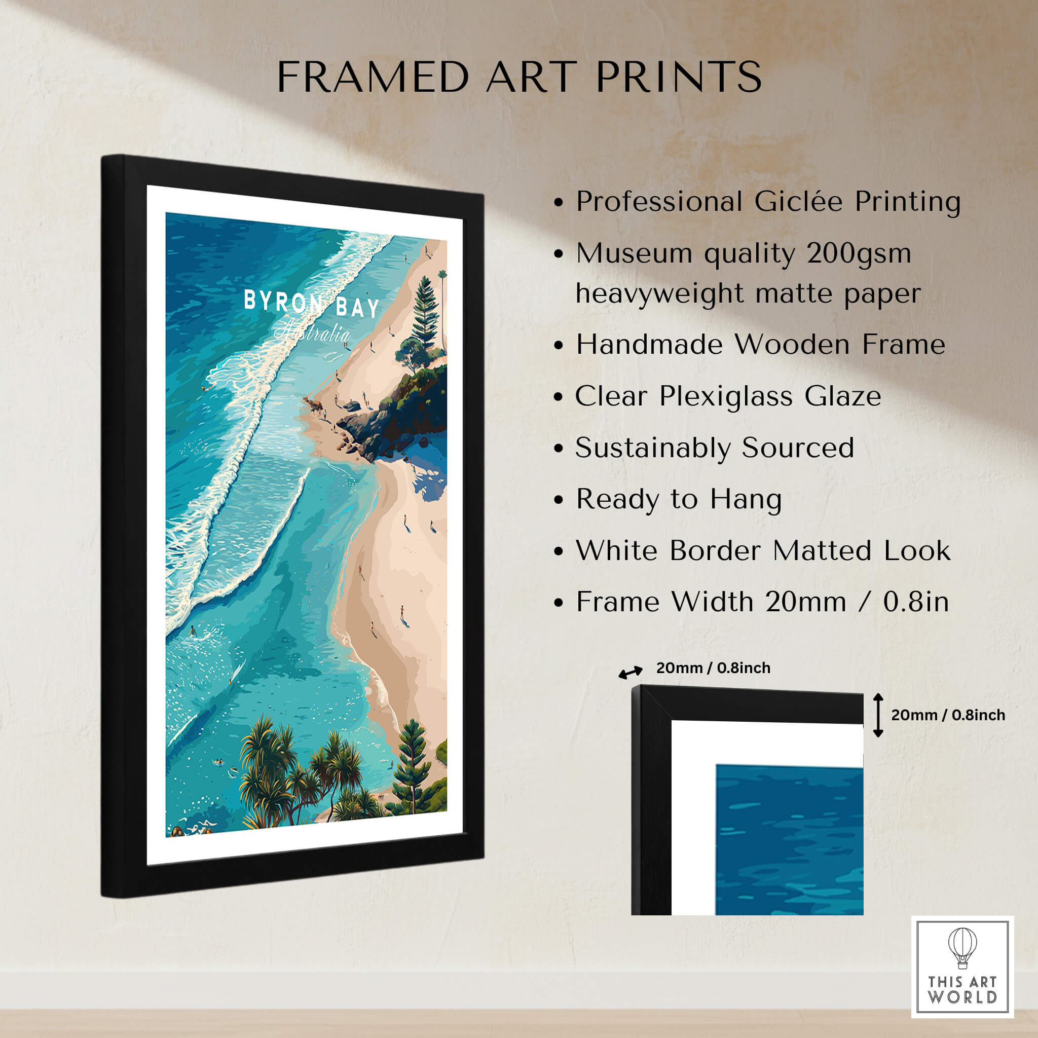 Byron Bay Art Print displayed in a stylish frame showcasing the stunning aerial view of Byron Bay.