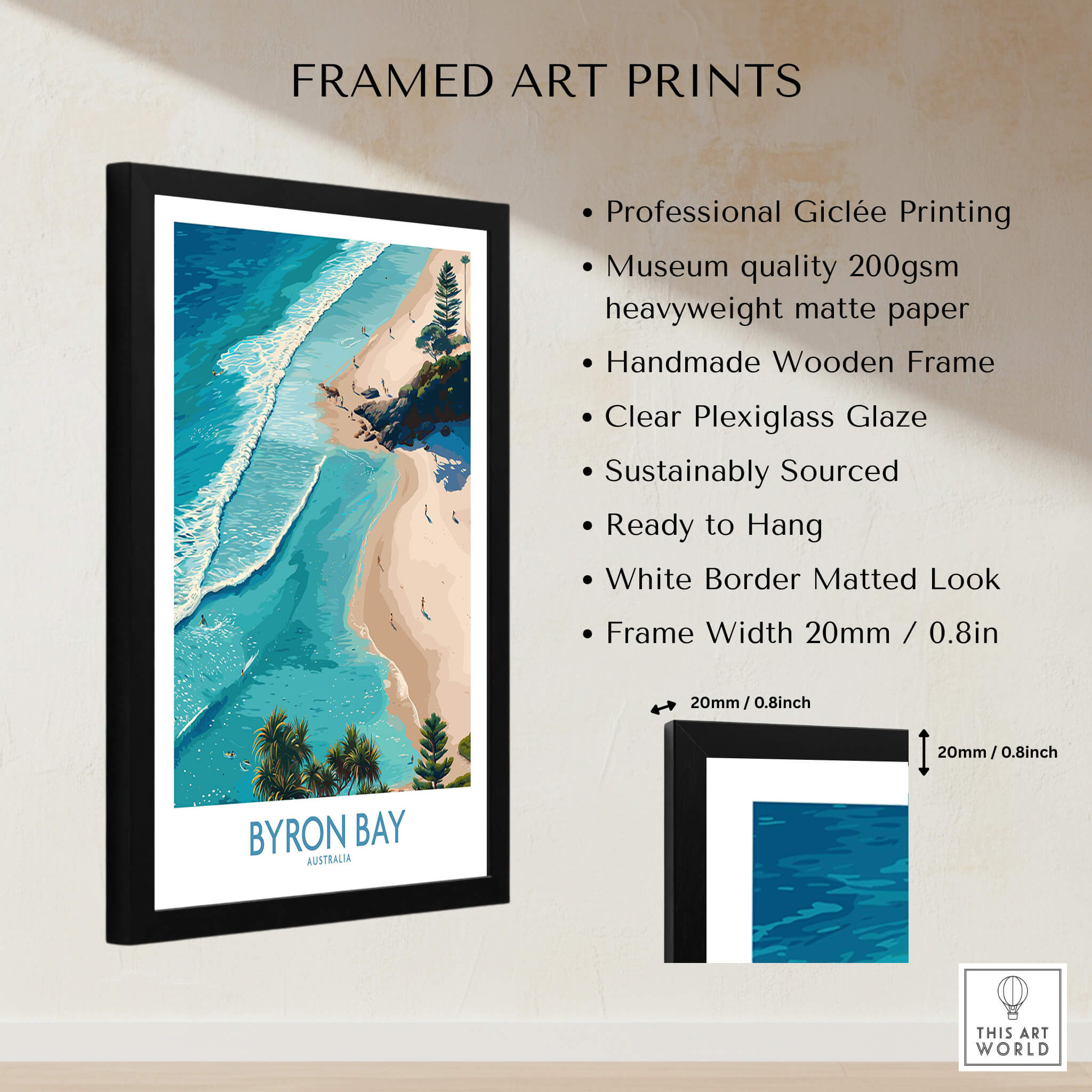 Byron Bay Beach Australia Canvas Art Print featuring clear Plexiglass glaze and a handmade wooden frame.