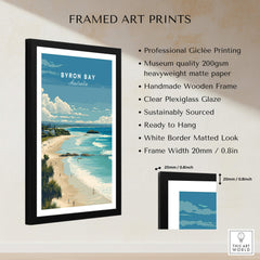 Byron Bay Poster - Canvas Beach Print showcased in a handmade black wooden frame with a matte finish.