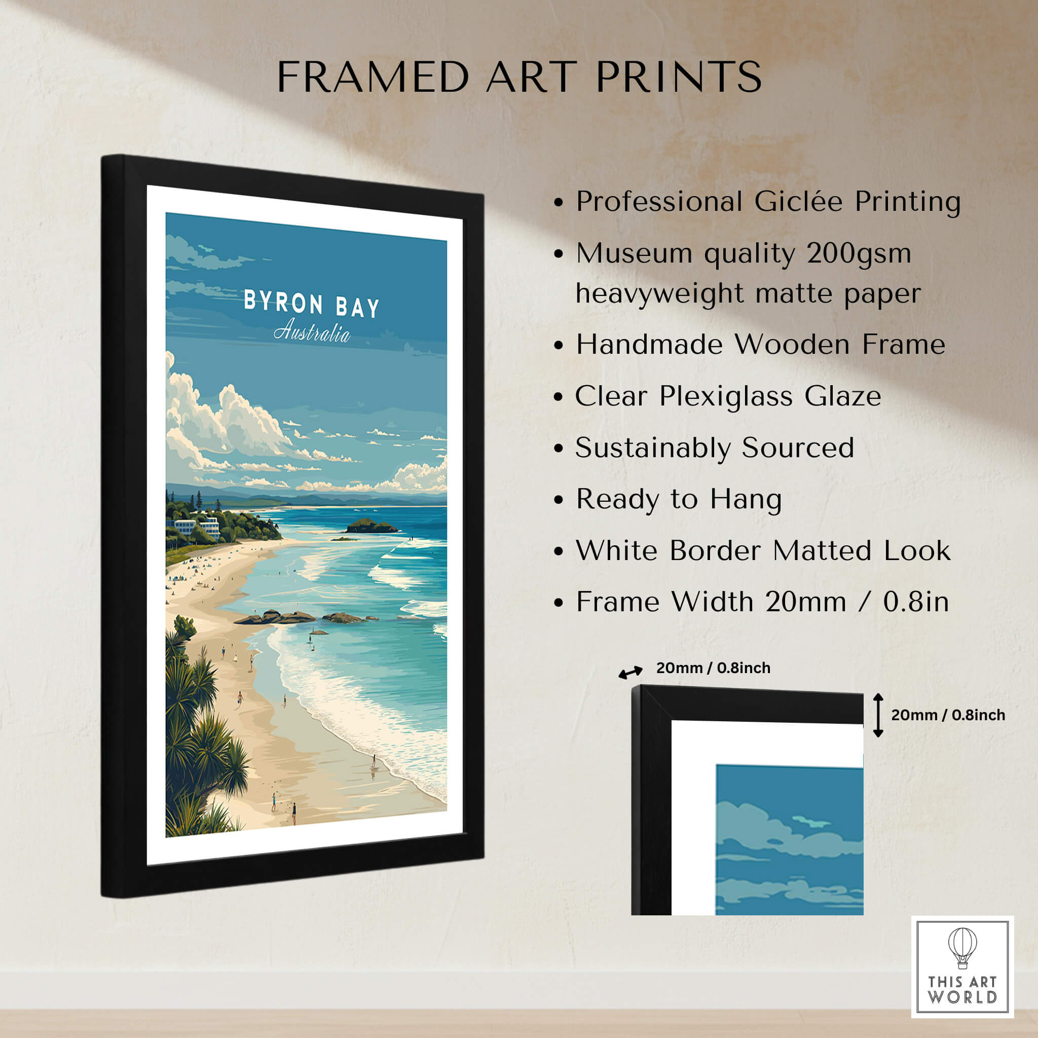 Byron Bay Poster - Canvas Beach Print showcased in a handmade black wooden frame with a matte finish.