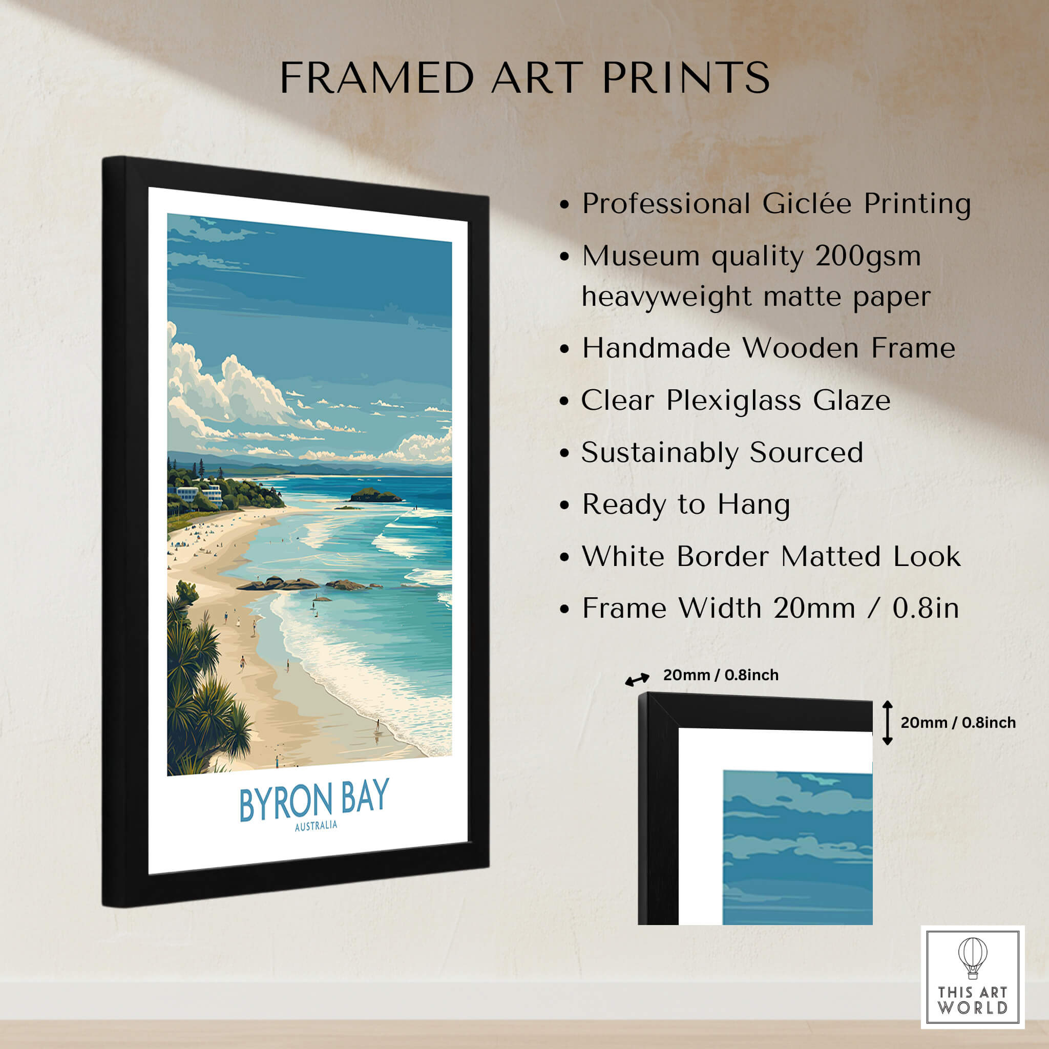 Byron Bay Wall Art Australia Travel Print featuring framed artwork of Byron Bay's coastline and vibrant scenery