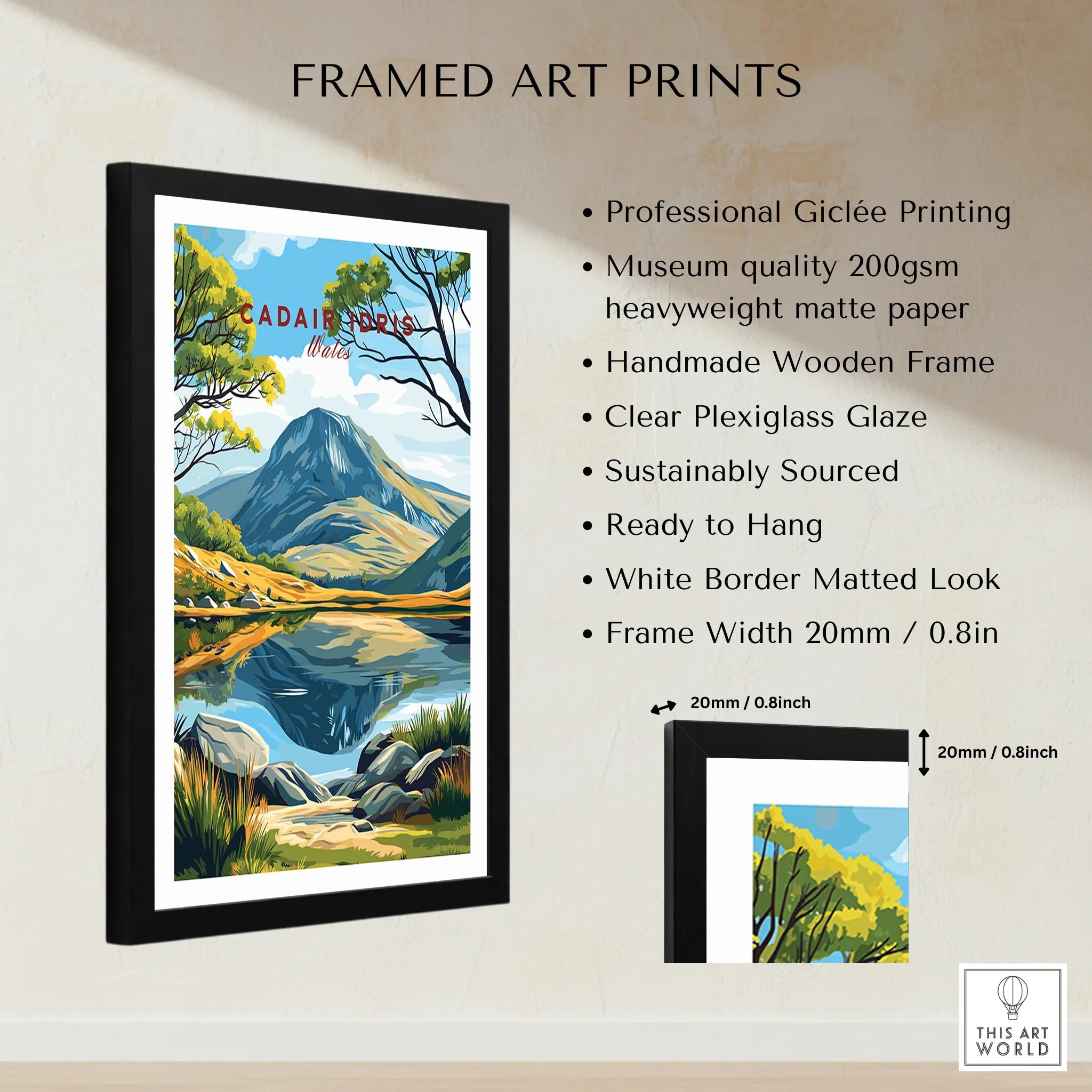 Framed art print of Cadair Idris landscape with black wooden frame and white border, wall decor