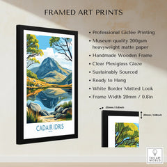 Framed art print of Cadair Idris Wales mountain landscape with lake reflection, black frame