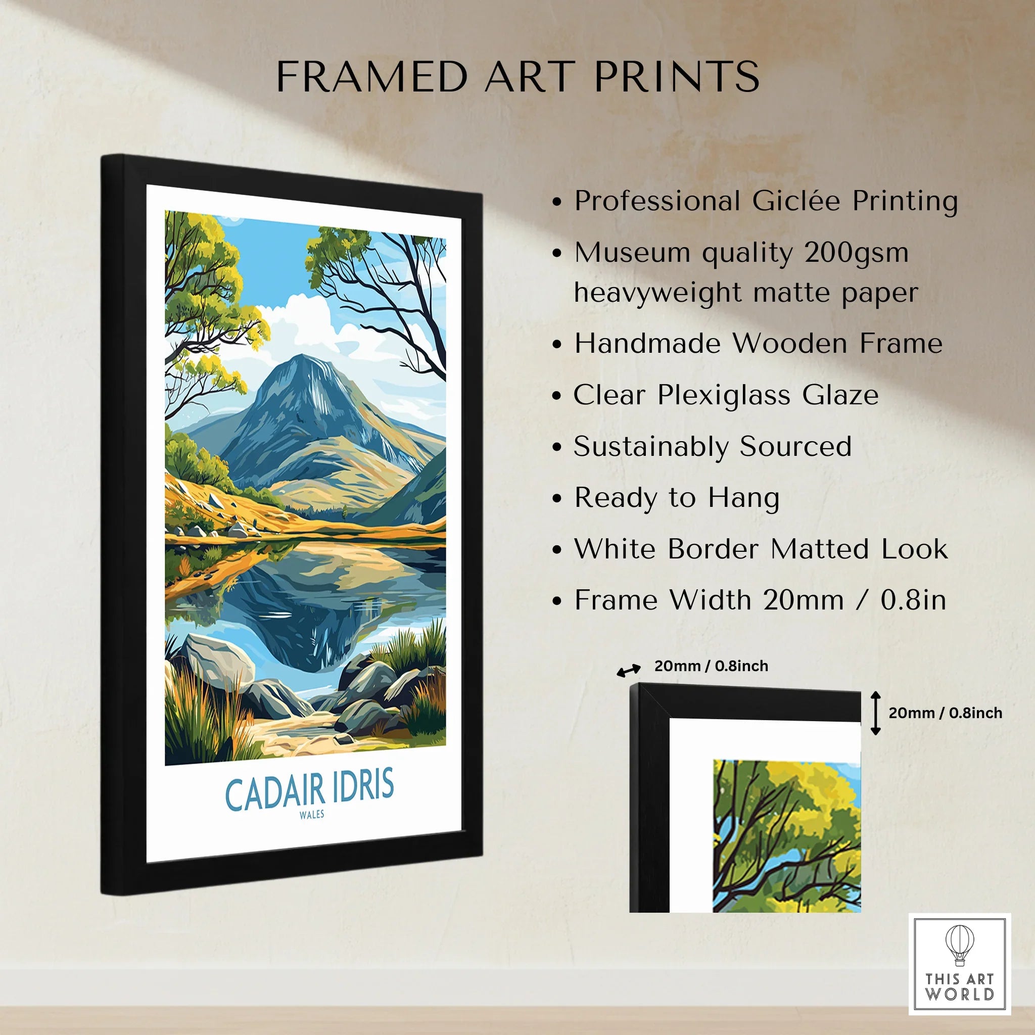 Framed art print of Cadair Idris Wales mountain landscape with lake reflection, black frame