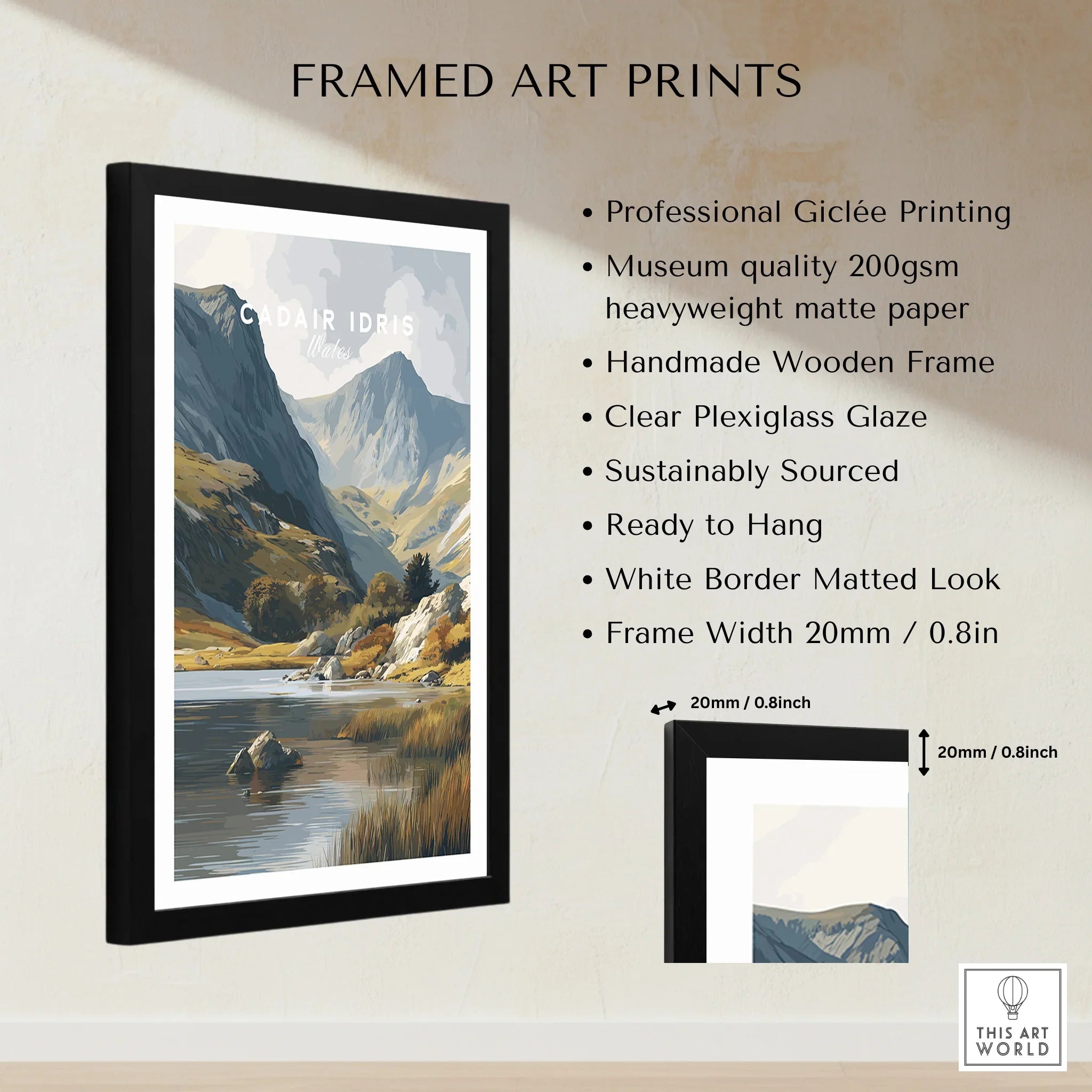 Framed art print of Cadair Idris mountains and lake, black frame, matte finish, wall decor