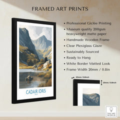 Framed art print of Cadair Idris mountain landscape with product features and measurements.