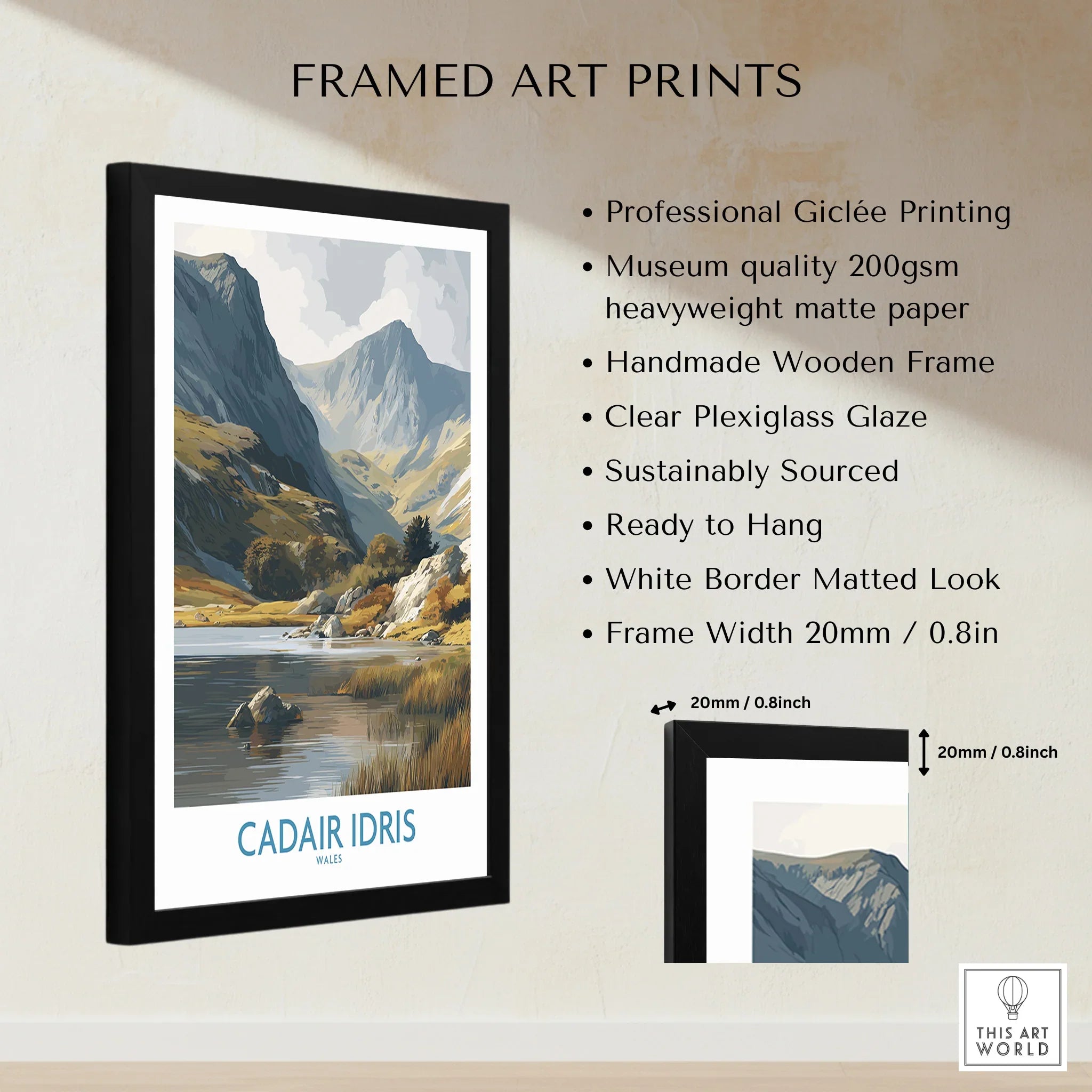 Framed art print of Cadair Idris mountain landscape with product features and measurements.