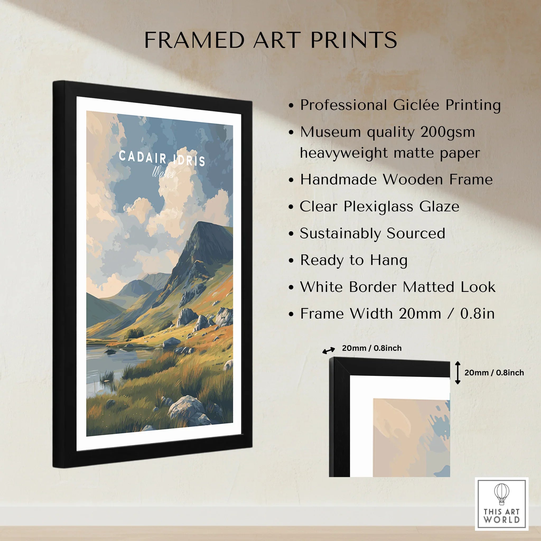 Framed art print of Cadair Idris mountain landscape with size and quality details