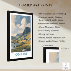 Framed art print of Cadair Idris mountain landscape in Wales with product details.