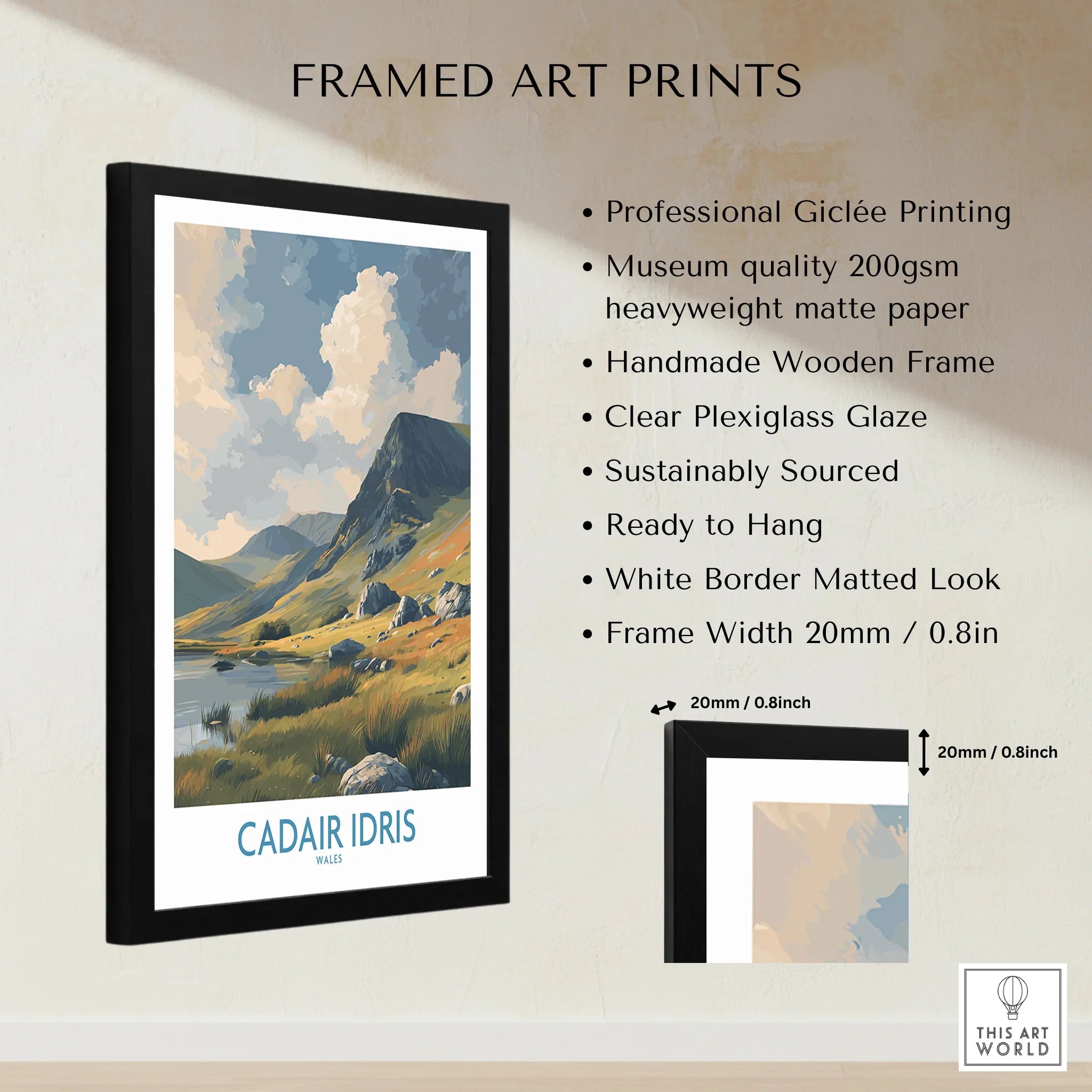 Framed art print of Cadair Idris mountain landscape in Wales with product details.