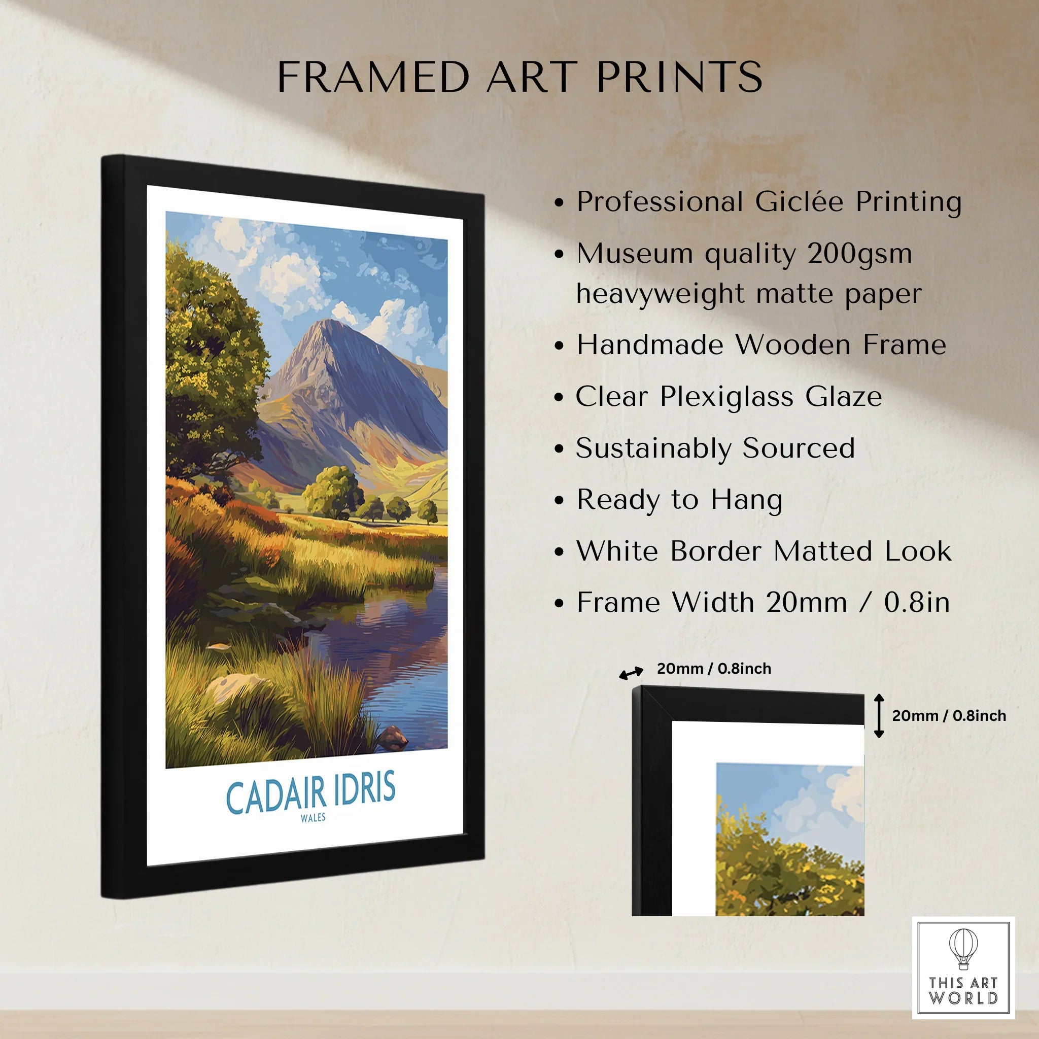Framed art print of Cadair Idris mountain in Wales with detailed landscape and product features