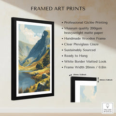 Framed landscape art print of Cadair Idris mountain with quality and frame details displayed.