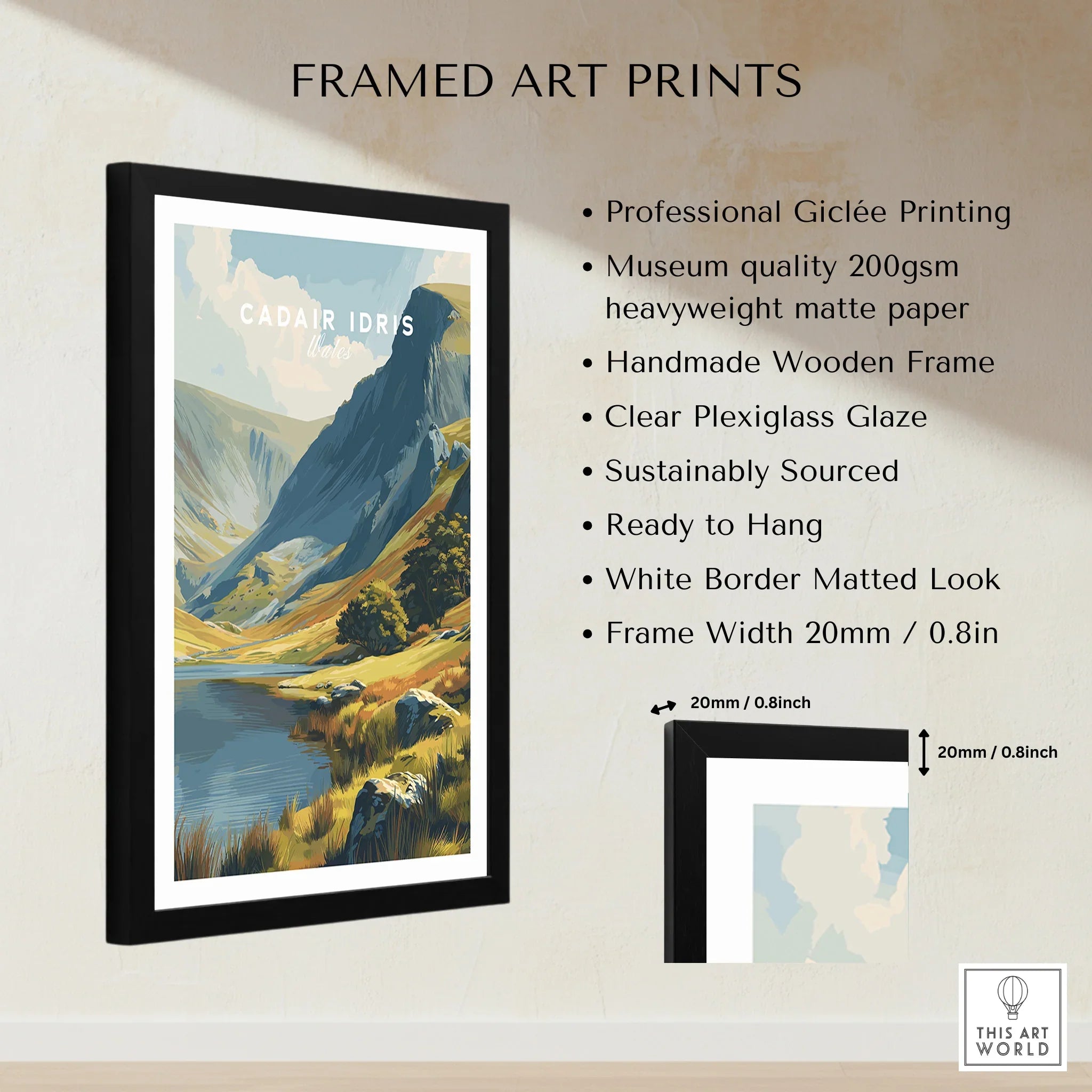 Framed landscape art print of Cadair Idris mountain with quality and frame details displayed.