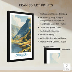Framed travel poster of Cadair Idris mountain with lake, listed art print features, black frame