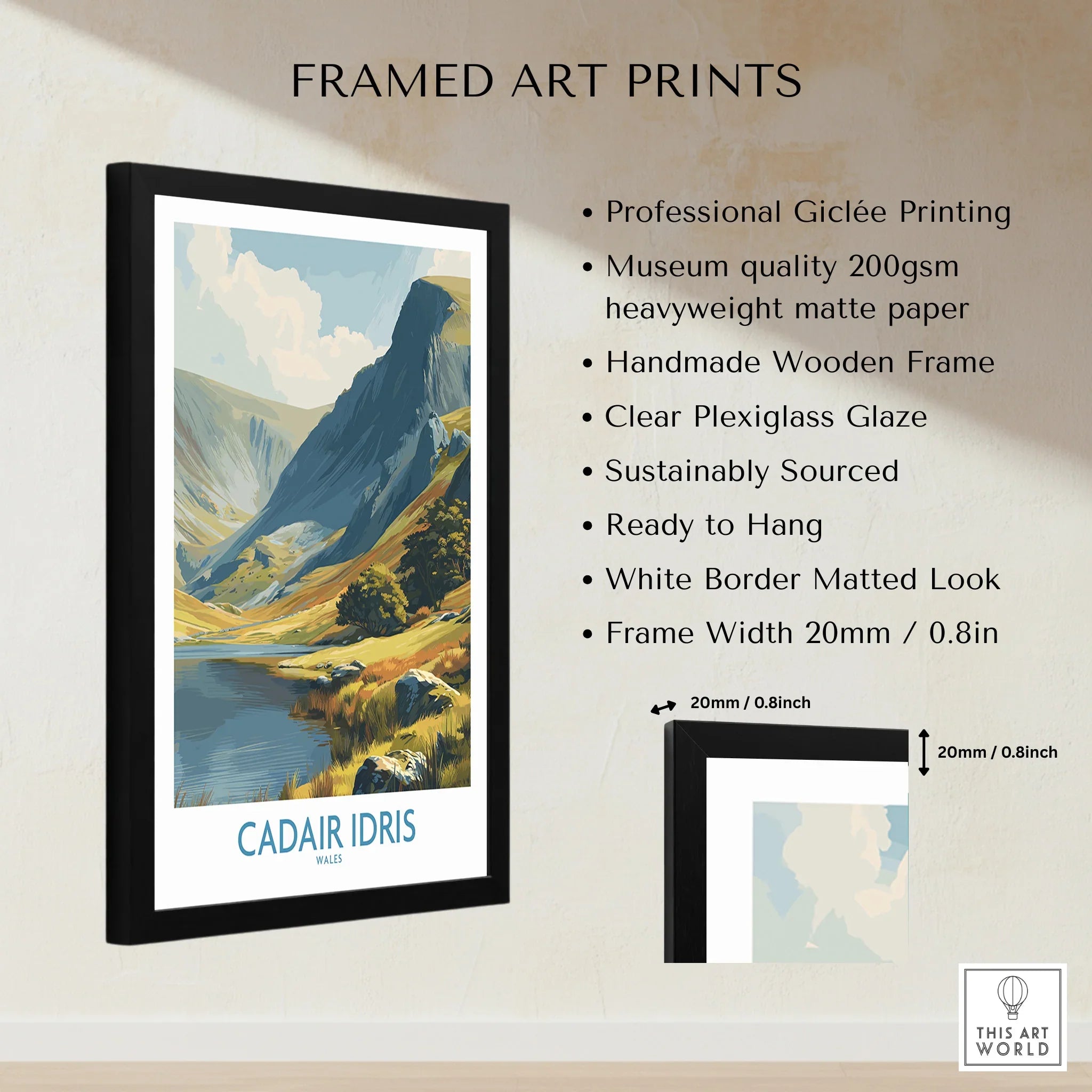 Framed travel poster of Cadair Idris mountain with lake, listed art print features, black frame