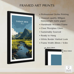 Framed art print of Cadair Idris mountain landscape with details on print quality and frame size.