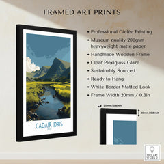 Framed landscape art print of Cadair Idris mountain, detailed with size and quality info