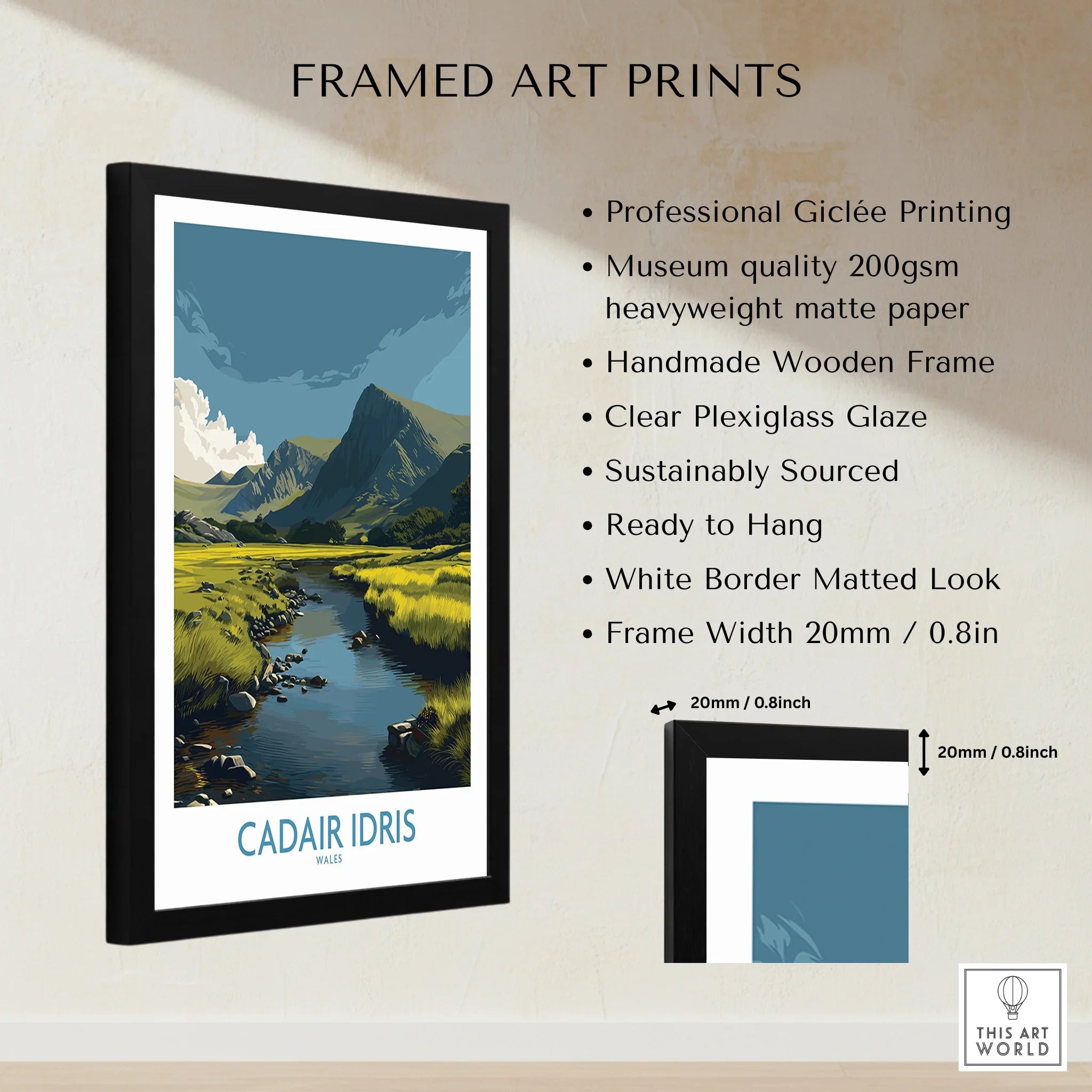 Framed landscape art print of Cadair Idris mountain, detailed with size and quality info