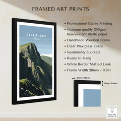 Framed wall art print of Cadair Idris mountain, matte paper, black wooden frame, white border.