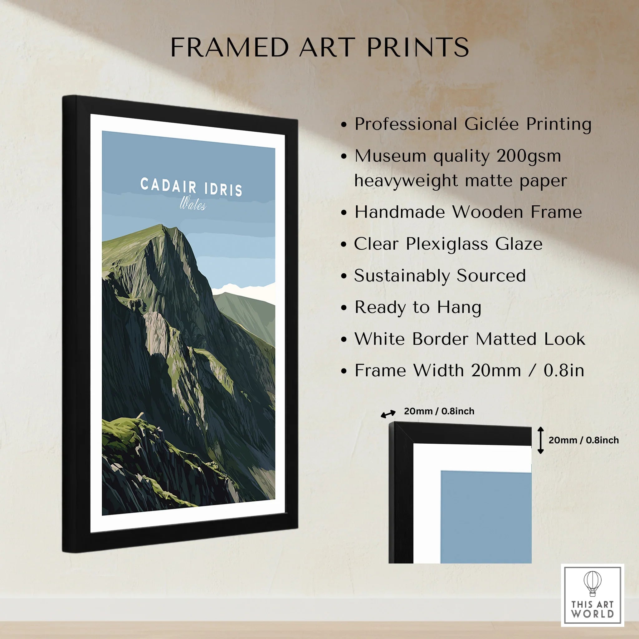 Framed wall art print of Cadair Idris mountain, matte paper, black wooden frame, white border.