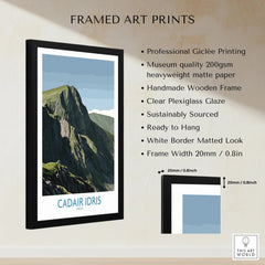 Framed art print of Cadair Idris mountain with product features and measurements