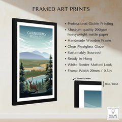 Framed Cairngorms National Park art print with stag, forest, mountains and product features listed.
