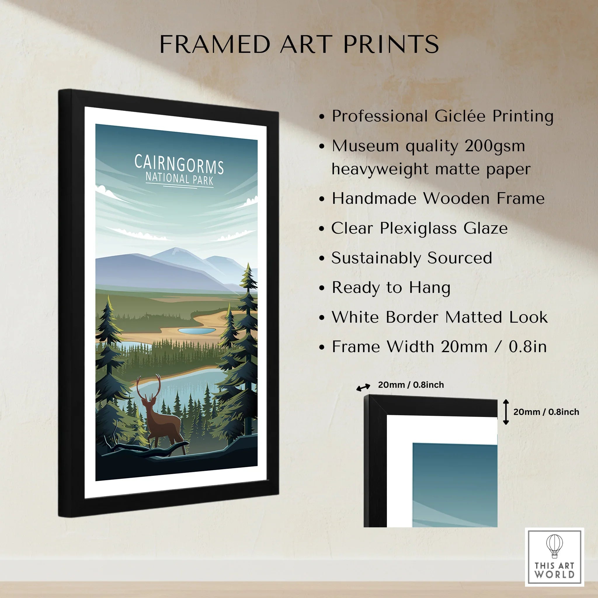 Framed Cairngorms National Park art print with stag, forest, mountains and product features listed.