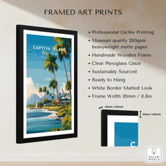 Captiva Island Travel Poster – Florida Beach Houses and Palm Trees Art in a framed print with clear glazing and a wooden frame.