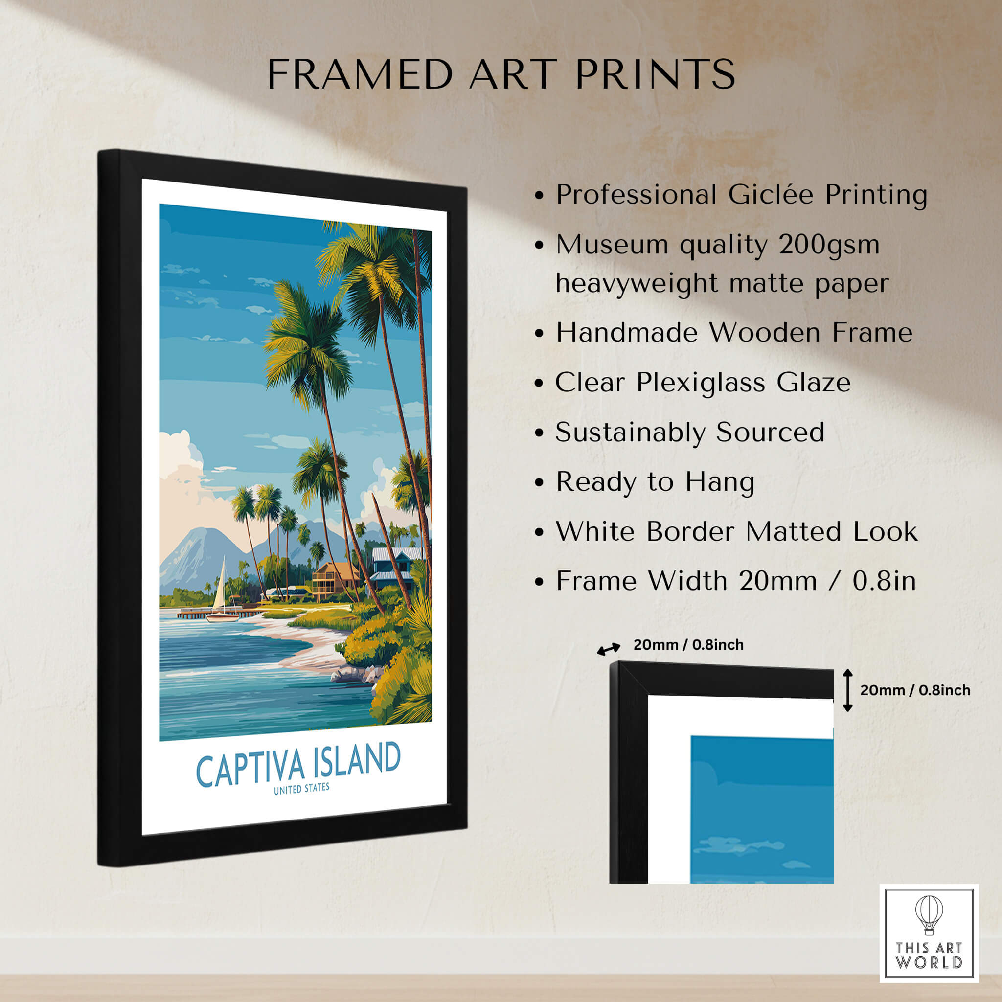 Captiva Island Florida Wall Art – Tropical Coastline and Sailboat Decor framed print with palm trees and turquoise water