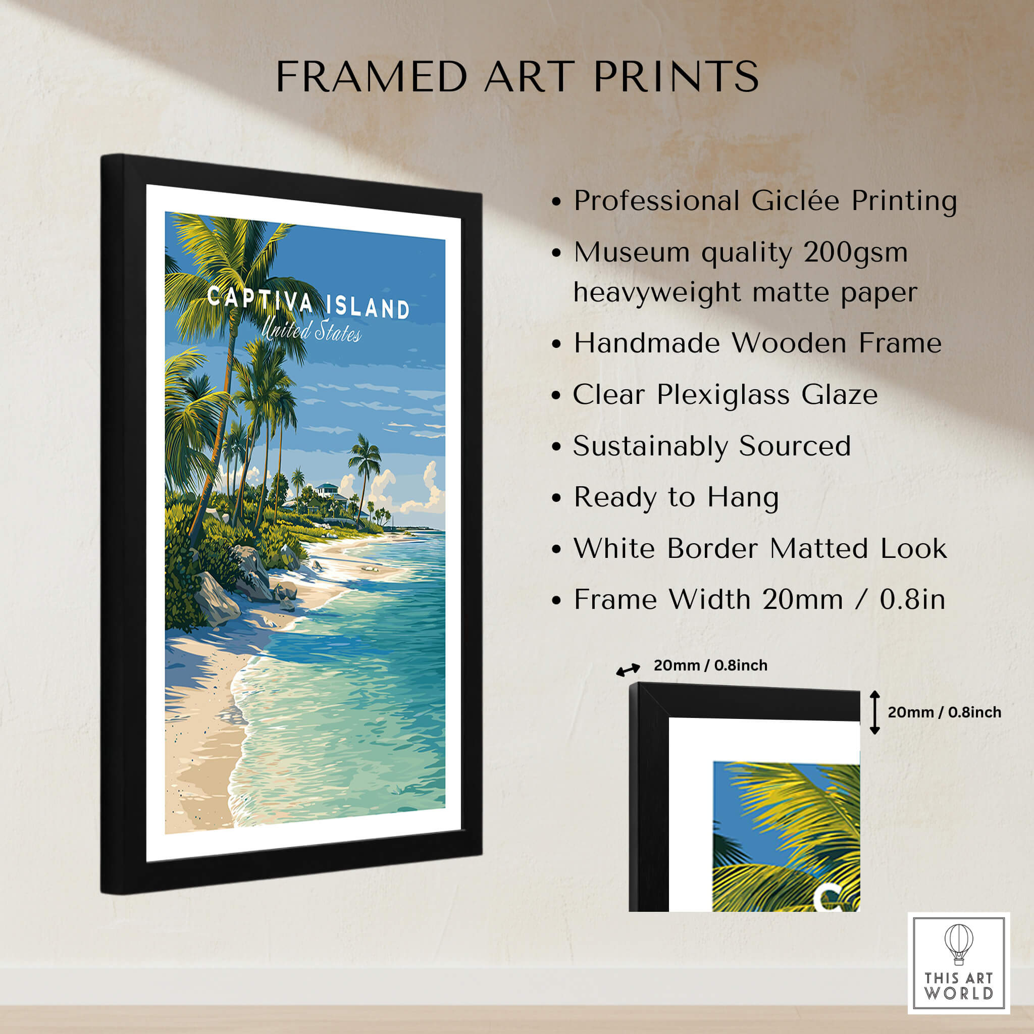 Captiva Island Travel Poster – White Sand Beach and Turquoise Water Art in a framed print with vibrant colors.