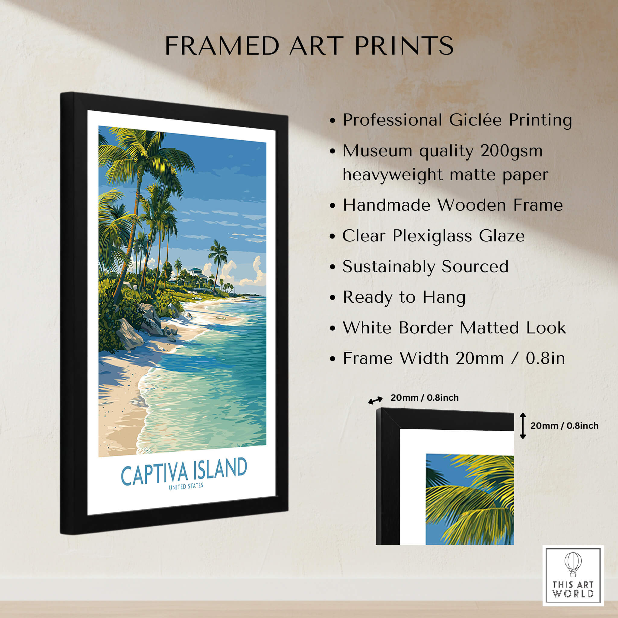 Captiva Island Florida Print – Sunny Shoreline and Tropical Palm Decor in a handmade wooden frame with plexiglass.