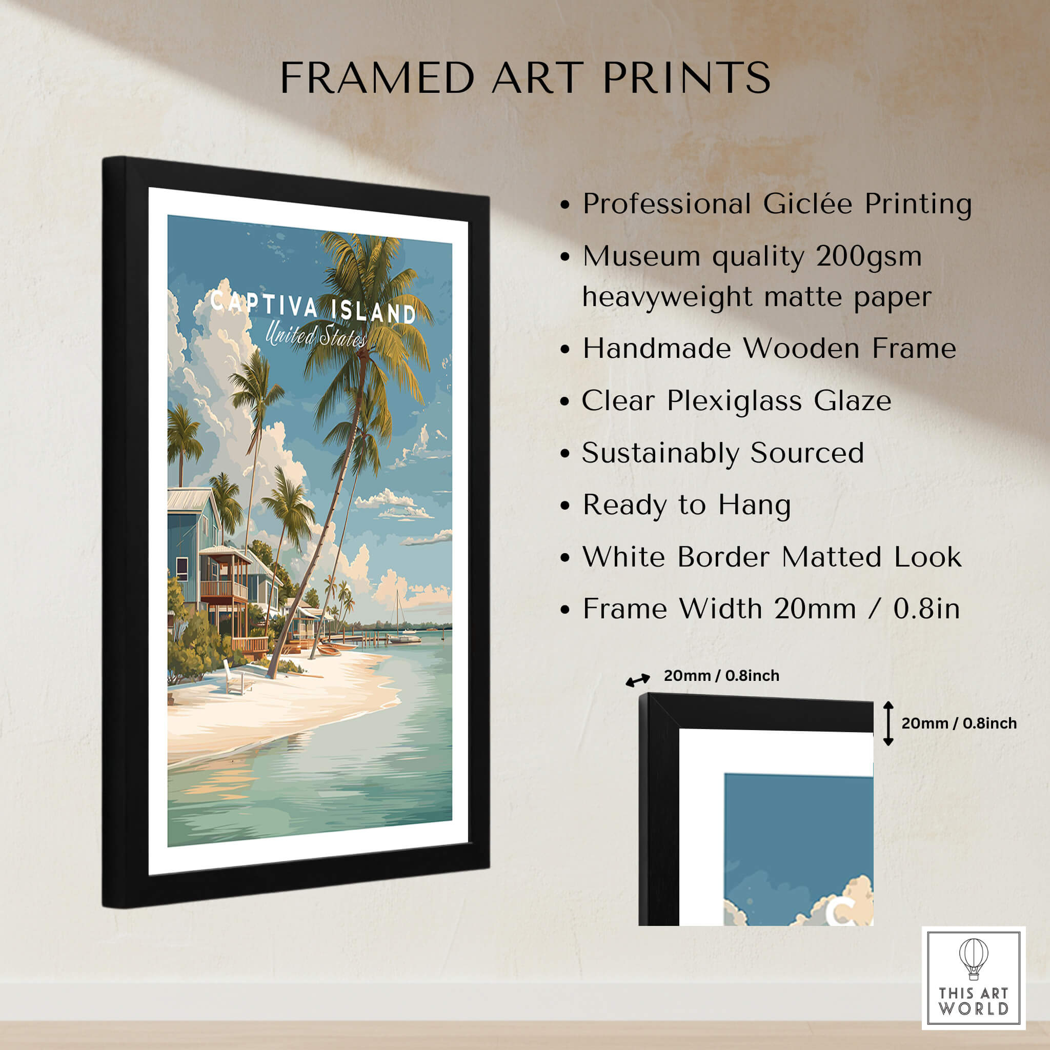Captiva Island Florida Print – Coastal Palm Tree Art displayed in a stylish frame with palm trees and beach scenery.
