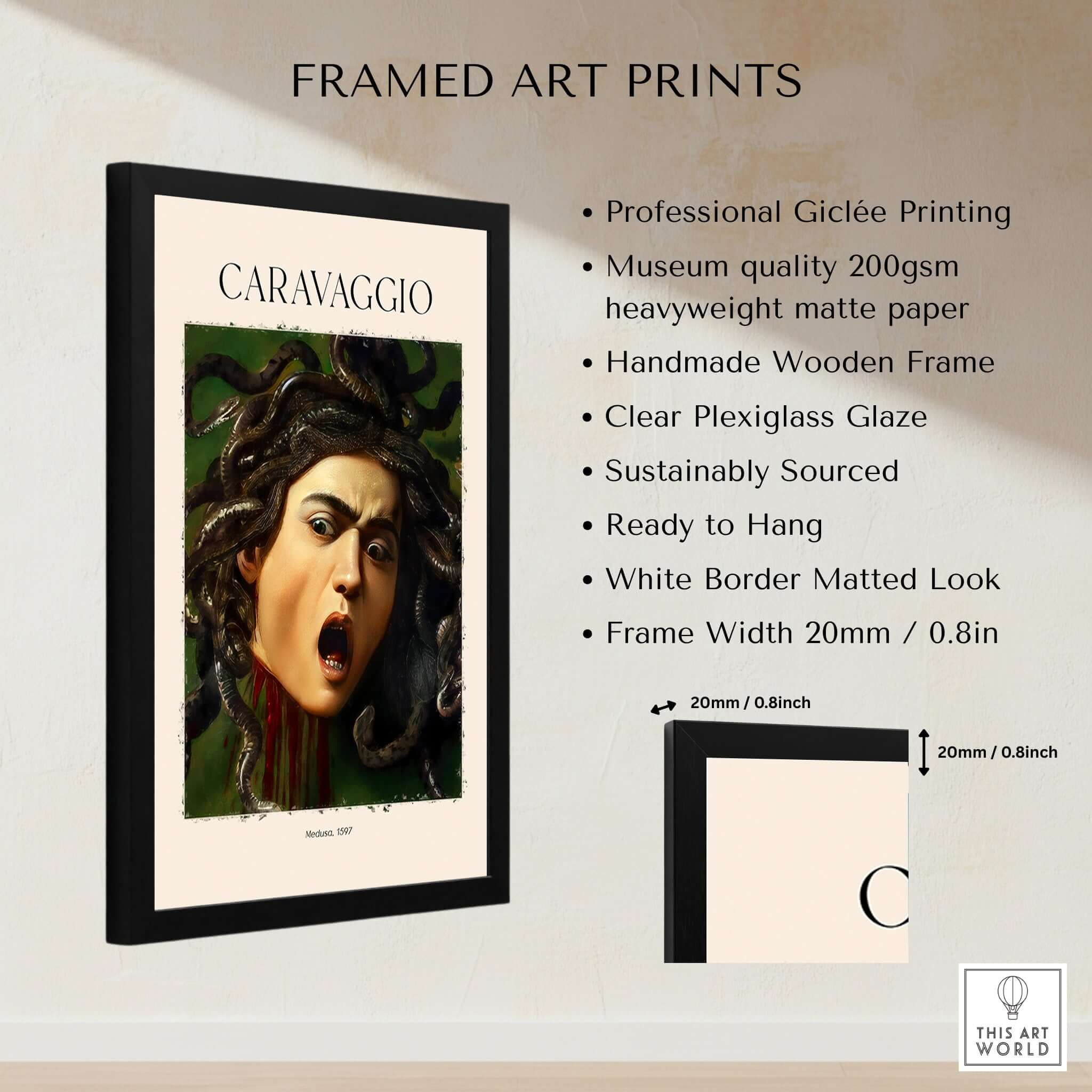 Framed Caravaggio Art Prints - Medusa 1597 featuring Giclée printing and handmade wooden frame.