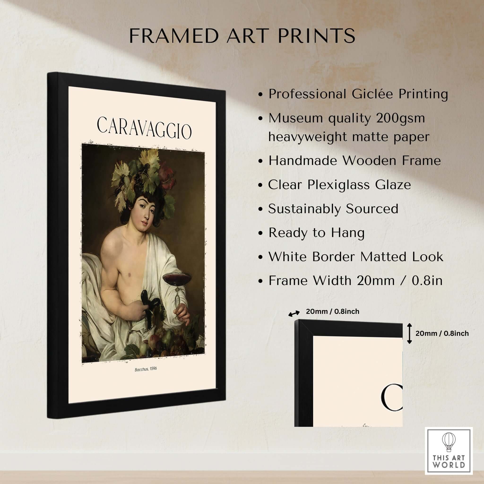 Caravaggio Bacchus Art Print - Roman God of Wine Baroque Wall Decor 1596 Framed Giclée Print with White Border and Plexiglass