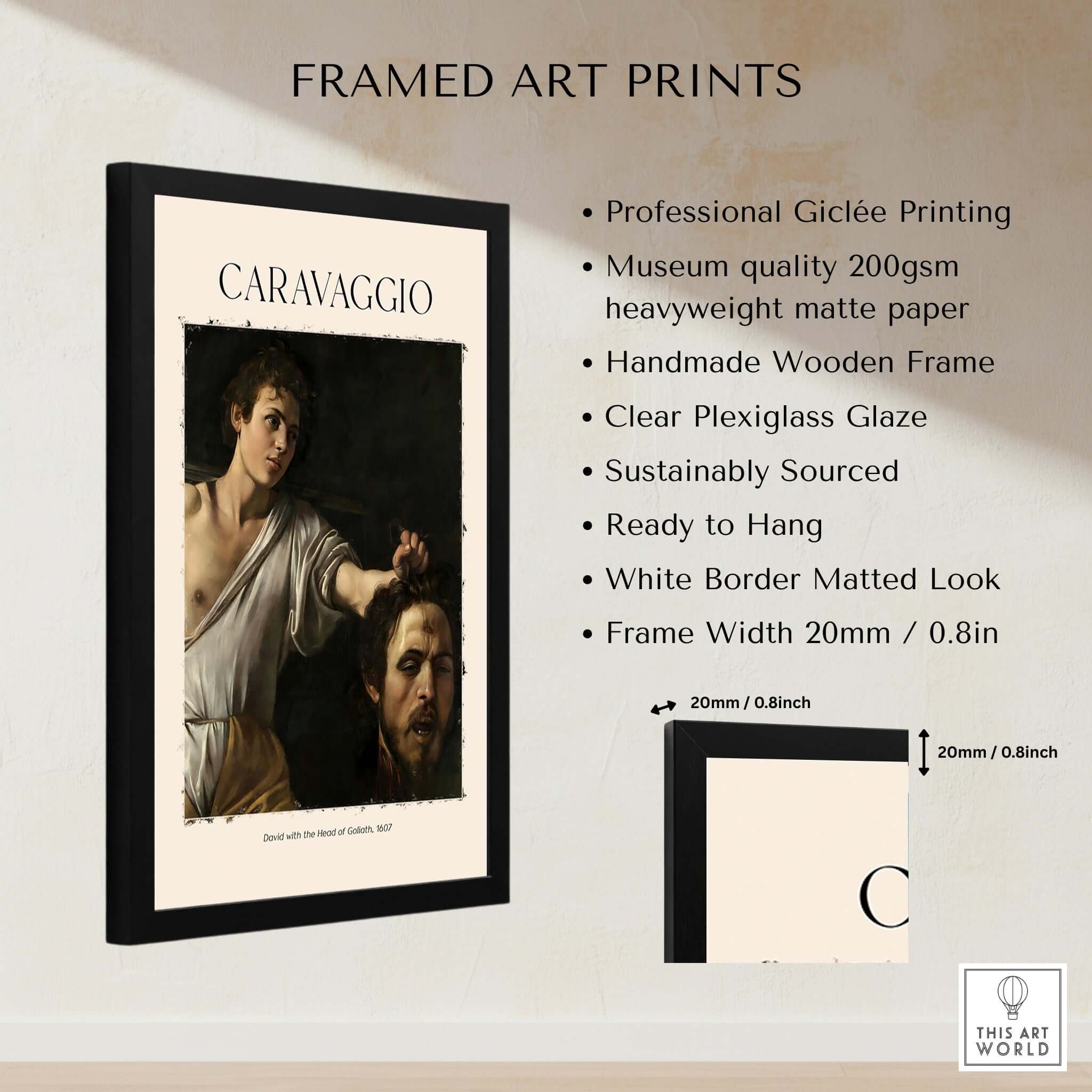 Caravaggio Art Print - David with the Head of Goliath Poster 1607 framed art print showcasing detailed craftsmanship.