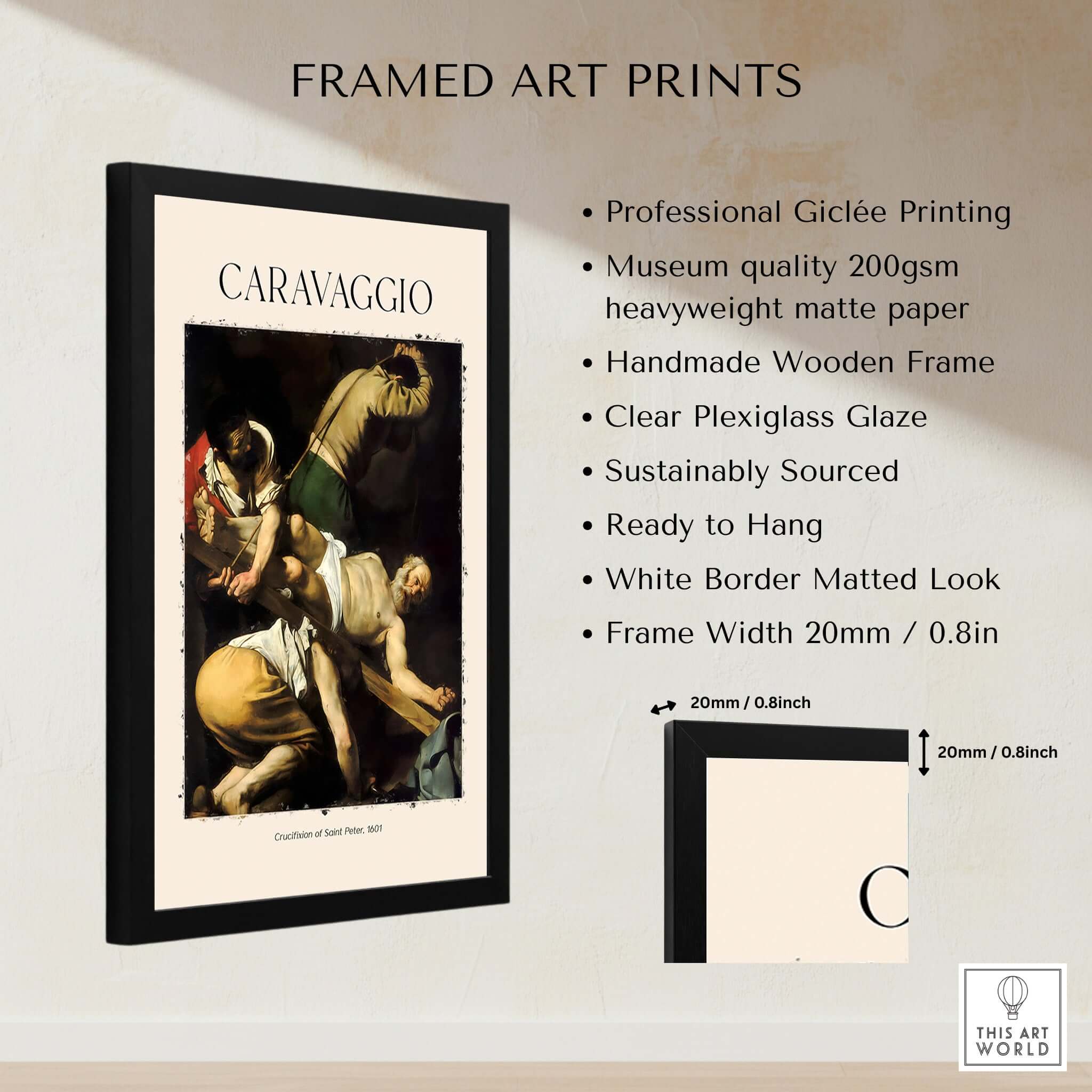 Caravaggio Art Print - Crucifixion of Saint Peter 1601 framed art print with professional giclée printing and clear glaze.