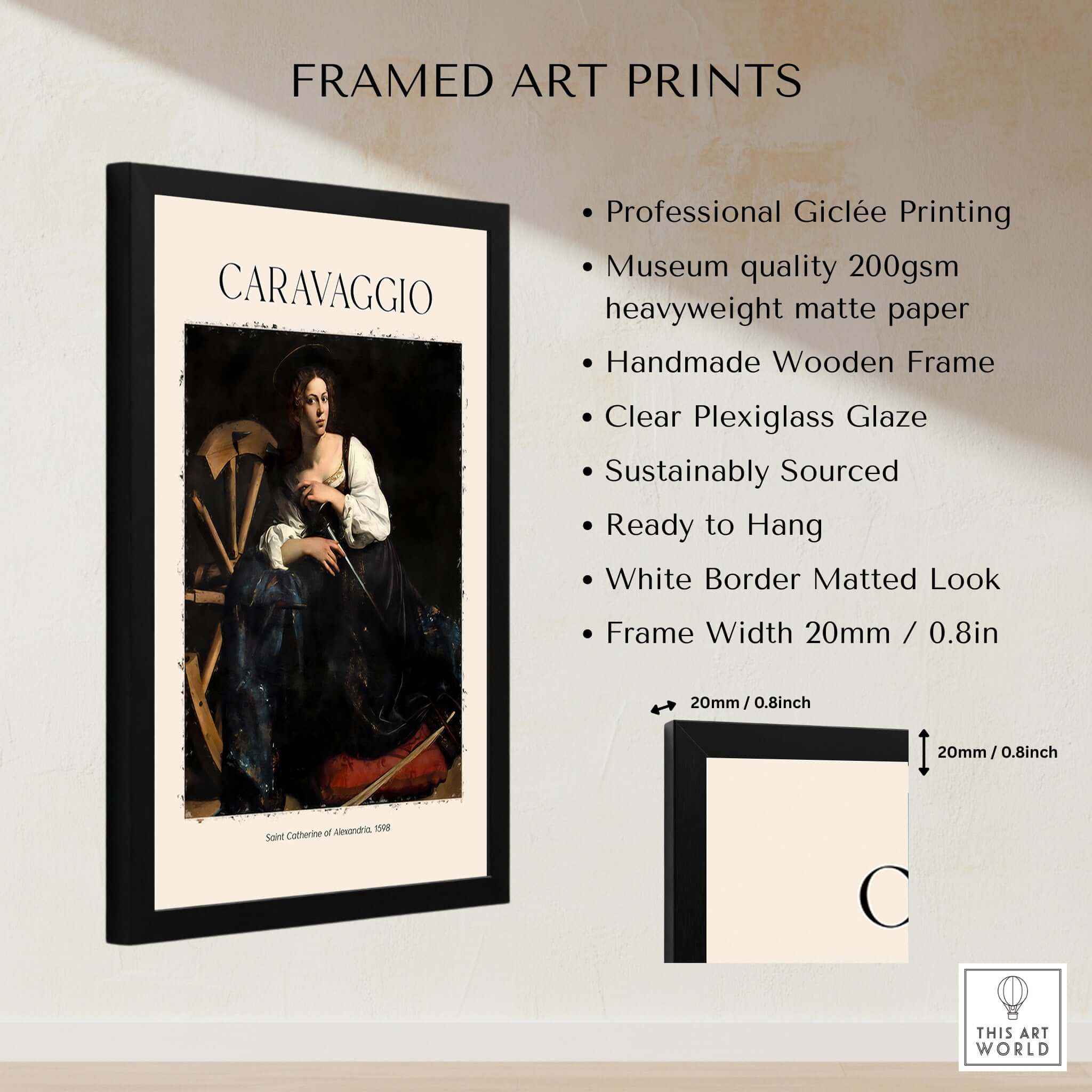 Caravaggio Art Print - Saint Catherine of Alexandria 1598 framed art print with matte finish and plexiglass.