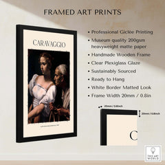 Caravaggio Art Print - Judith Beheading Holofernes Poster 1598 framed with a black wooden frame and clear plexiglass.