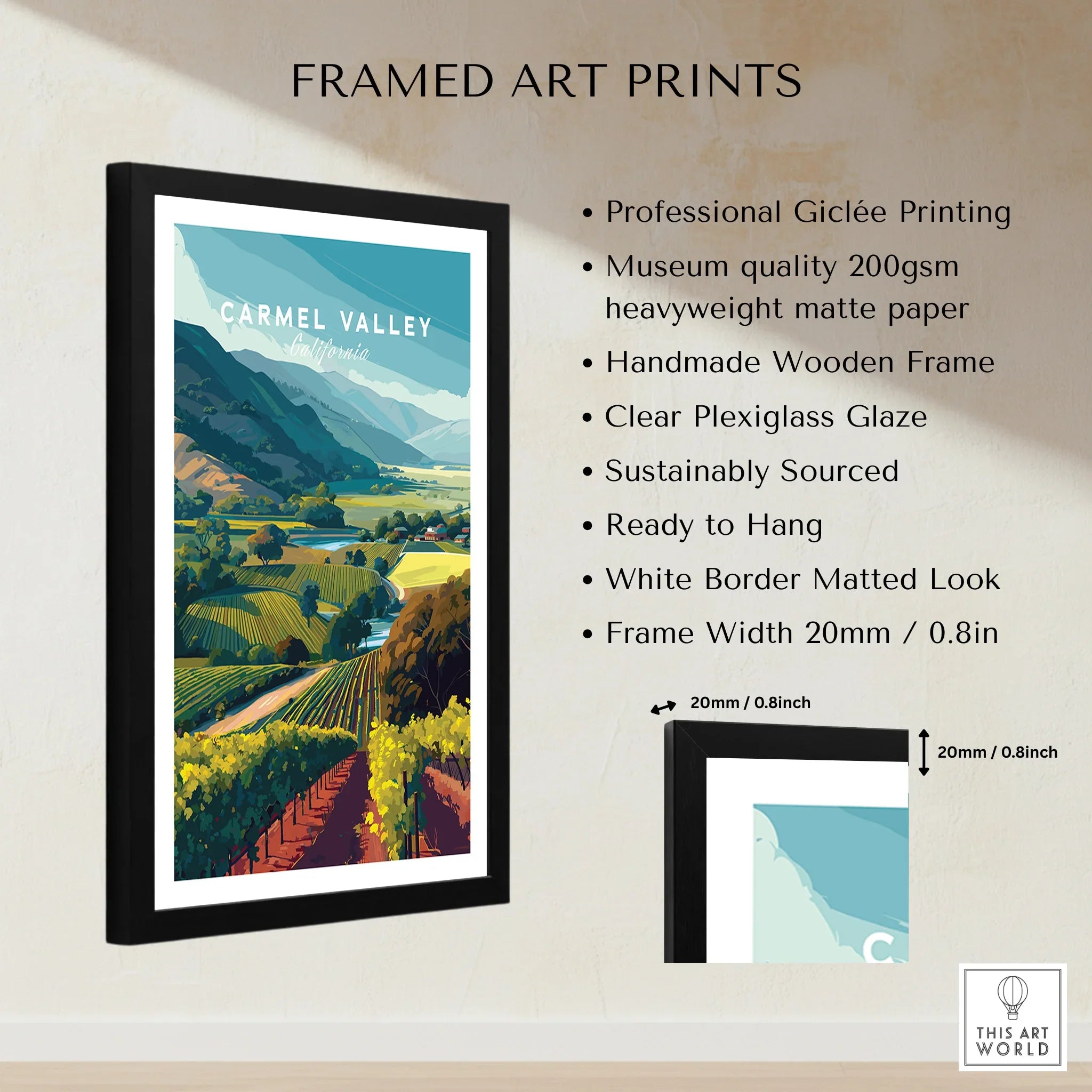 Framed Carmel Valley California art print with black handmade frame and quality details listed.