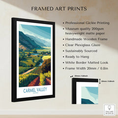 Framed Carmel Valley art print with wooden frame, matted border, and landscape illustration