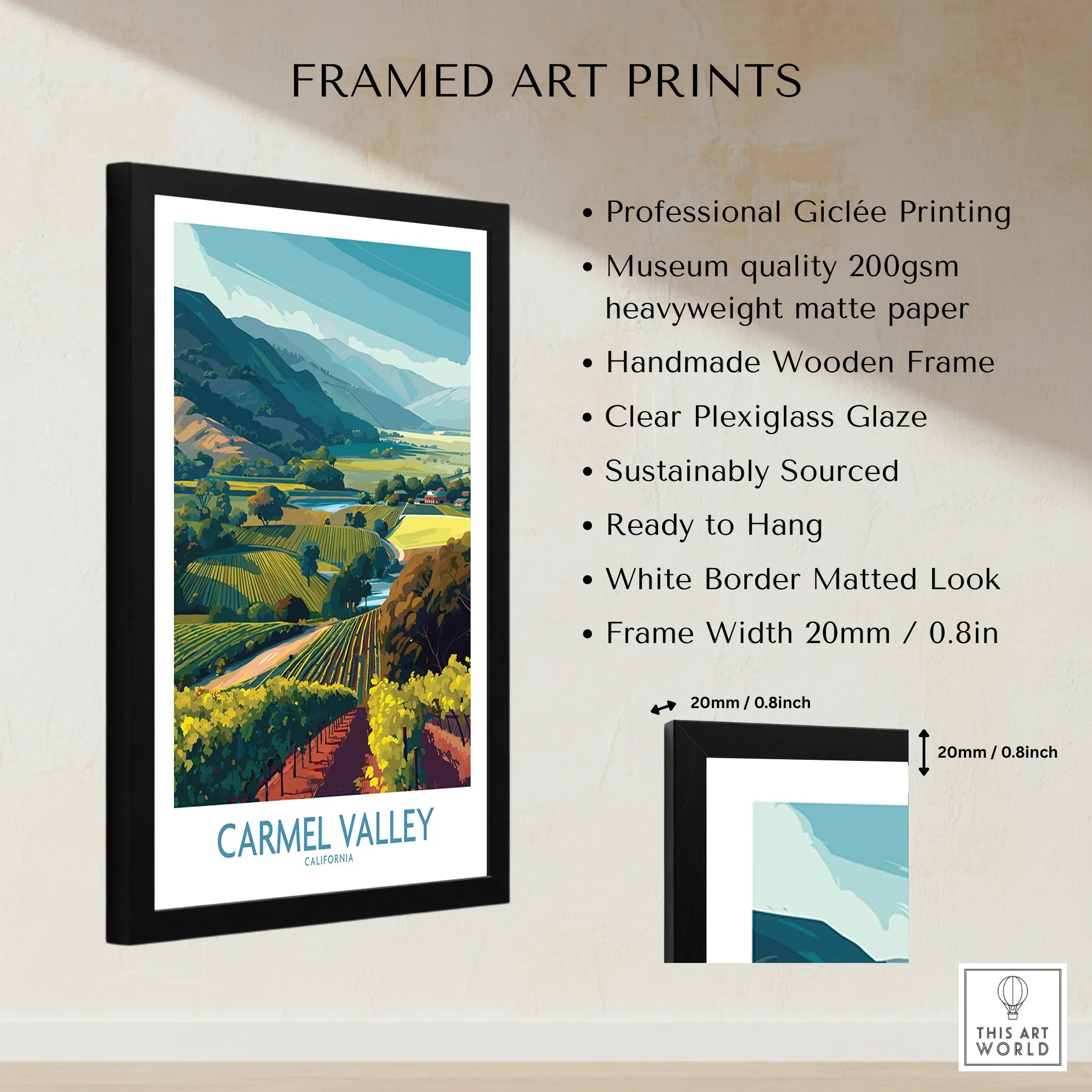 Framed Carmel Valley art print with wooden frame, matted border, and landscape illustration