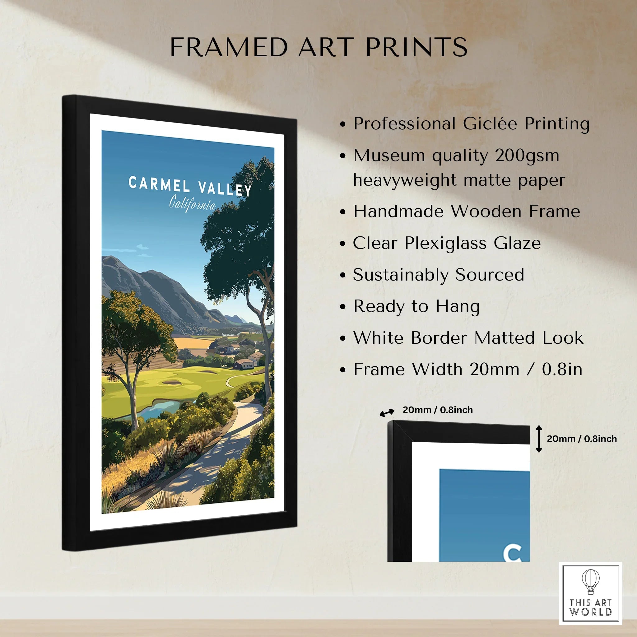 Framed Carmel Valley California art print with black wooden frame, white matte border, and feature list detailing giclée printing, museum-quality matte paper, and plexiglass glaze.