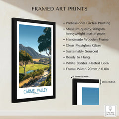 Framed Carmel Valley California art print with landscape illustration, wooden frame, and product details.