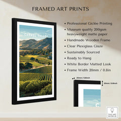 Framed Carmel Valley art print with vineyard landscape, giclée printing, matte paper, black wooden frame