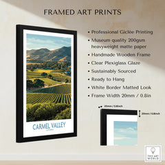 Framed Carmel Valley California art print with vineyard landscape and product feature list.