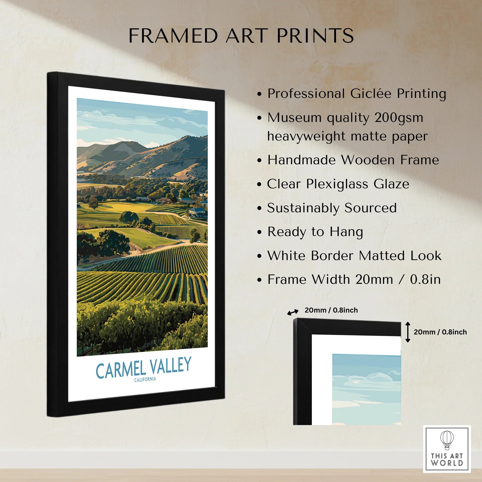 Framed Carmel Valley California art print with vineyard landscape and product feature list.